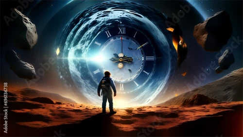 A lone figure stands on the desolate surface of a planet, gazing at the grand gateway of time and space symbolized by a cosmic clock
