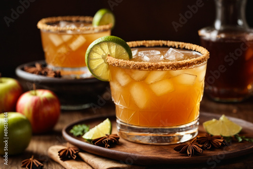Golden apple cider on a stand with fall spices and a slice of lime