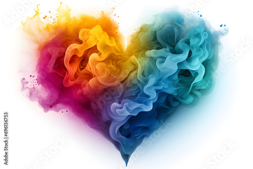 Valentine's Day concept with heart-shaped wave and smoke in various rainbow colors isolated on white background,