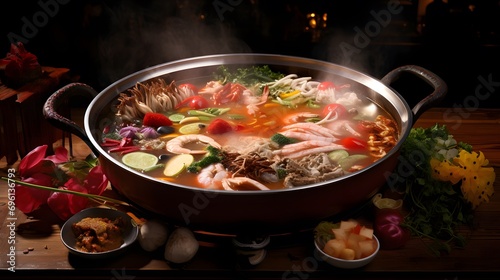 Hot pot meal. Hands taking food with chopsticks. © Ziyan