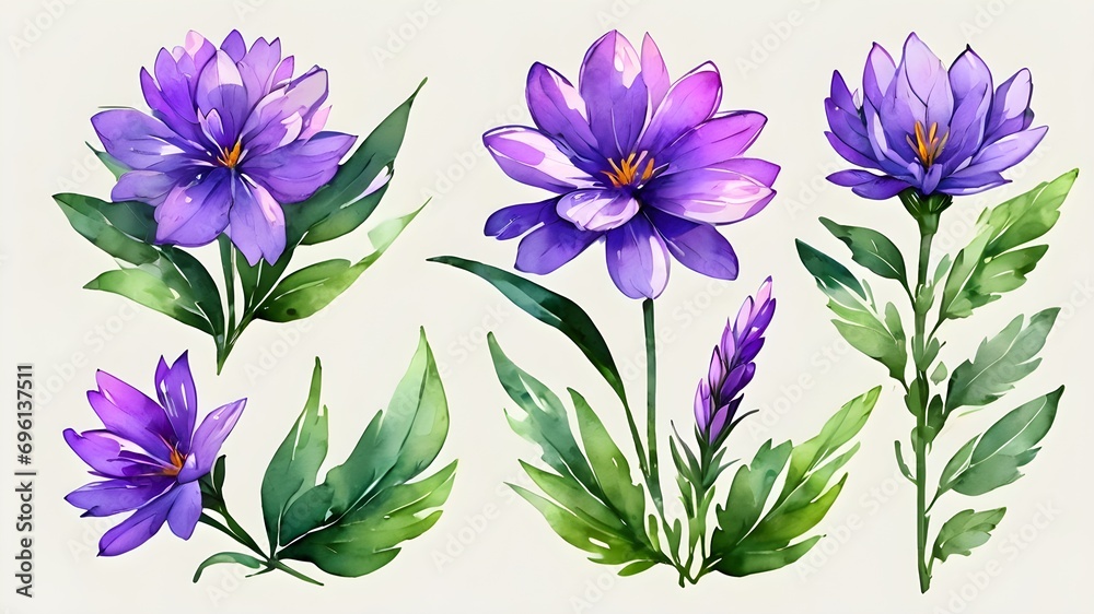 set of purple flower with leaves oil painting and watercolour on white background , illustration
 - obrazy, fototapety, plakaty 
