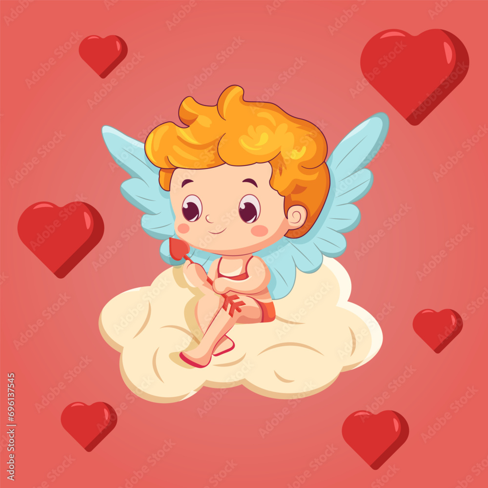 Cute cupid sits on a cloud with a love arrow in his hand surrounded by hearts. Vector cartoon illustration Cute cupid sits on a cloud with a love arrow in his hand surrounded by hearts. Vector cartoon illustration