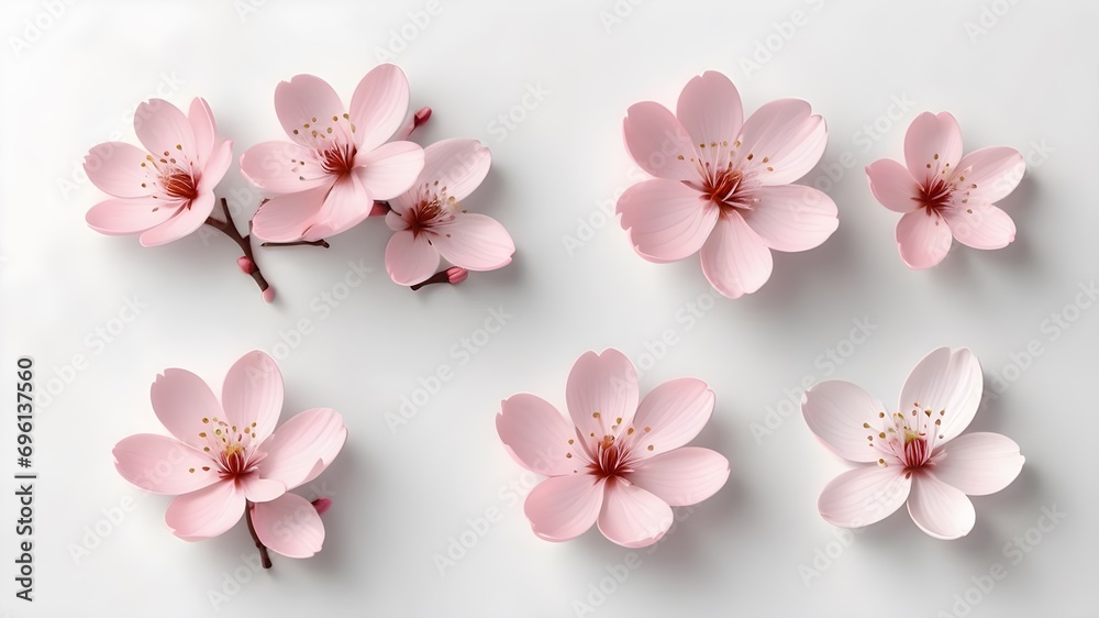 Pink cherry blossom element set isolated on light white  background. Including flower blossoms, petals, branch and bud.,3d rendering 
