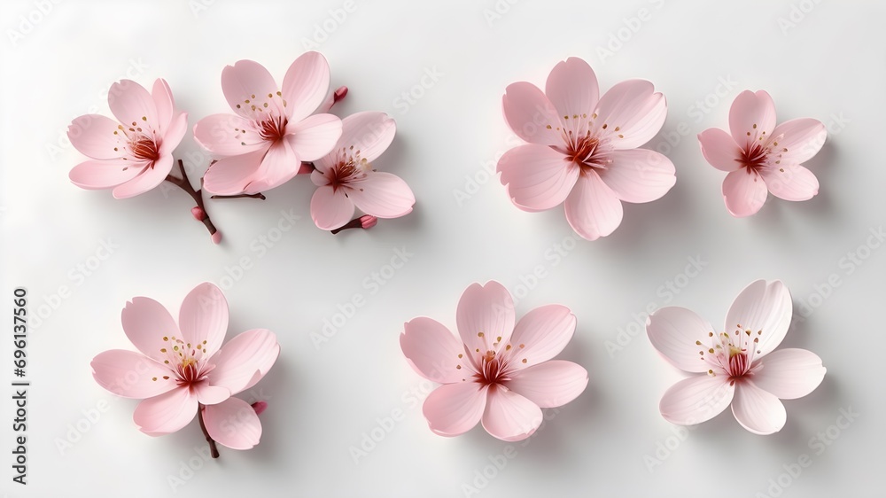 Pink cherry blossom element set isolated on light white background. Including flower blossoms, petals, branch and bud.,3d rendering Pink cherry blossom element set isolated on light white background. Including flower blossoms, petals, branch and bud.,3d rendering