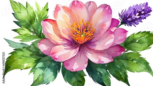 purple flower with leaves oil painting and watercolour on white background , illustration