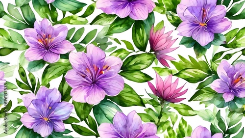 purple and white flowers ,watercolor lavender seamless pattern on white background ,lavender flower and green leaves, isolated image ,vector , illustration ,3d . © monu