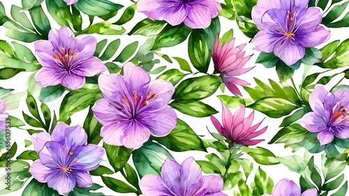 purple and white flowers ,watercolor lavender seamless pattern on white background ,lavender flower and green leaves, isolated image ,vector , illustration ,3d .