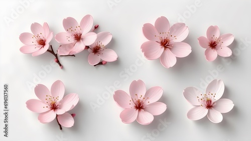 Pink cherry blossom element set isolated on light white background. Including flower blossoms, petals, branch and bud.,3d rendering 