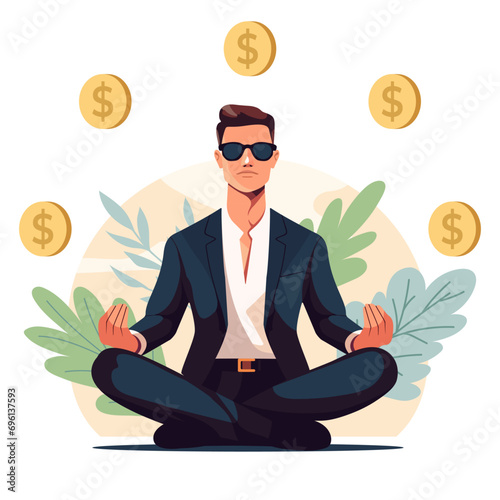 Vector illustration of businessman sitting in lotus pose and gold coins are circling above him. Meditating office worker on dreamy mandala background. Corporate yoga illustration.