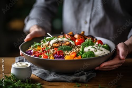 A person assembling a nourishing Buddha bowl with quinoa, roasted vegetables, and a tahini dressing. Concept of a well-balanced vegan meal. Generative Ai.