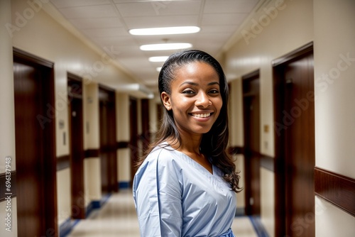 a black ethnic african nurse professional in egypt wearing scrubs in a medical facility