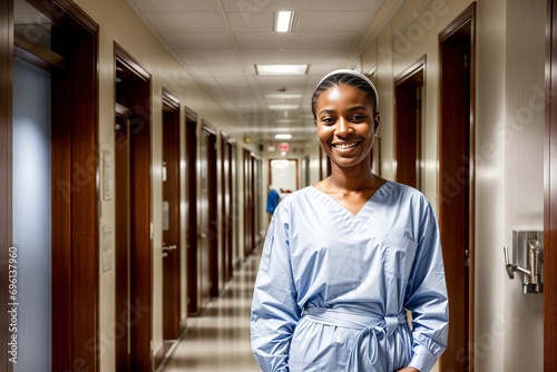 a black ethnic african nurse professional in egypt wearing scrubs in a medical facility photo