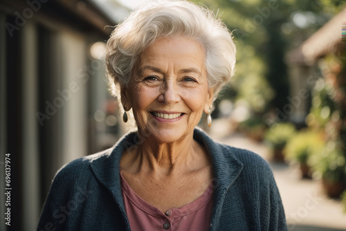 Portrait of a confident, smiling elderly woman radiating positivity outdoors photo