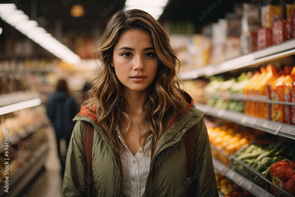 A girl in a grocery store reads product information
