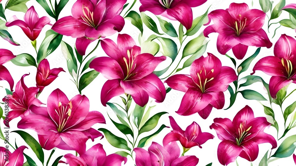 seamless pattern with pink Lilly flowers on white screen , water colour seamless pattern with pink Lilly flowers on white screen , water colour