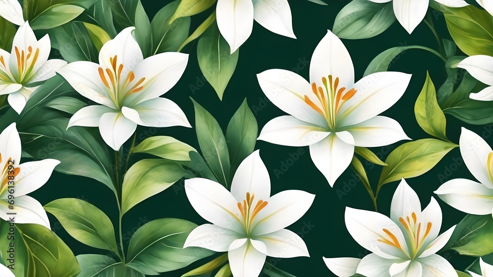 pattern with white flowers and green leaves on black background,seamless floral background ,vector, 3d 