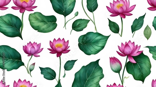 seamless pattern with pink lotus on white background, watercolor paining ,vector 