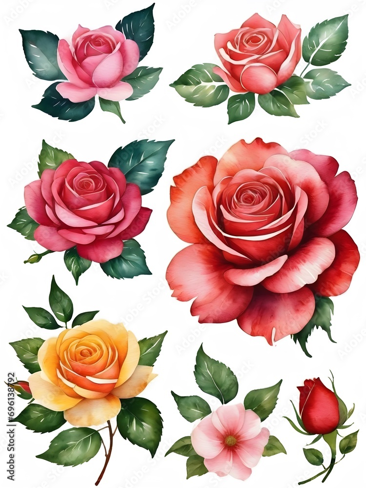 set of water colour vector pink ,red rose flowers isolated and green leaves on white background ,vector, 3d 