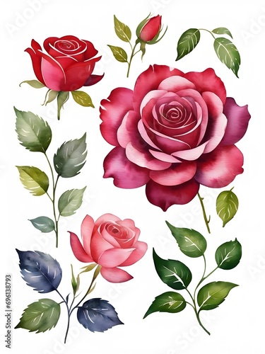 set of water colour vector pink  red rose flowers isolated and green leaves on white background  vector  3d 