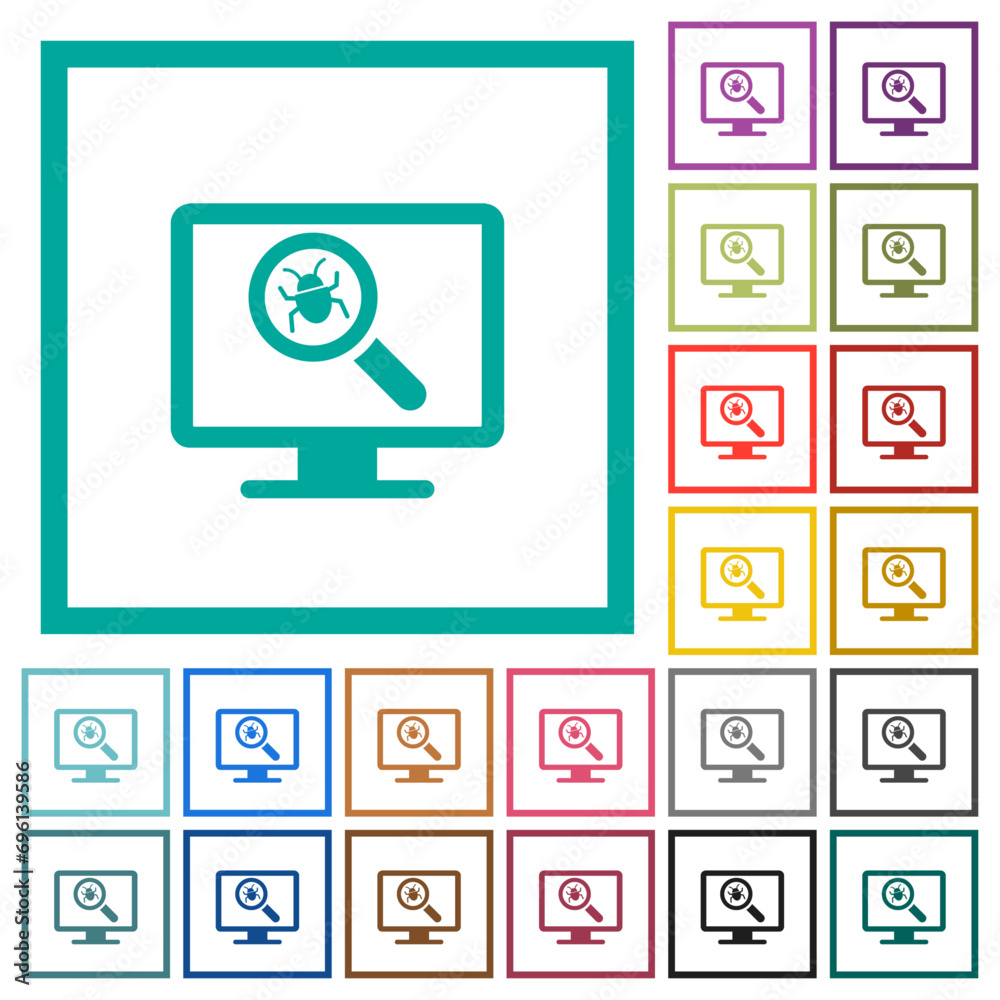 Virus scanning on computer flat color icons with quadrant frames Virus scanning on computer flat color icons with quadrant frames