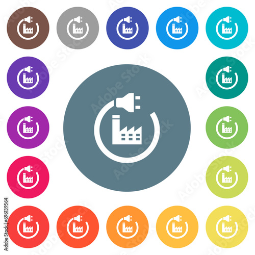 Power plant flat white icons on round color backgrounds