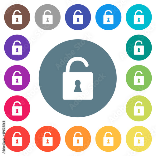 Unlocked padlock with keyhole flat white icons on round color backgrounds