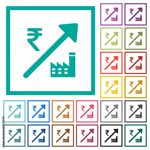 Rising power plant Indian Rupee prices flat color icons with quadrant frames