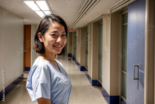 An asian nurse professional portrait in a medical hospital facility smiling, diversity at workplace
