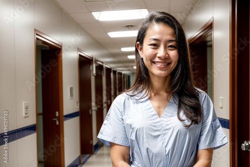 An asian nurse professional portrait in a medical hospital facility smiling, diversity at workplace