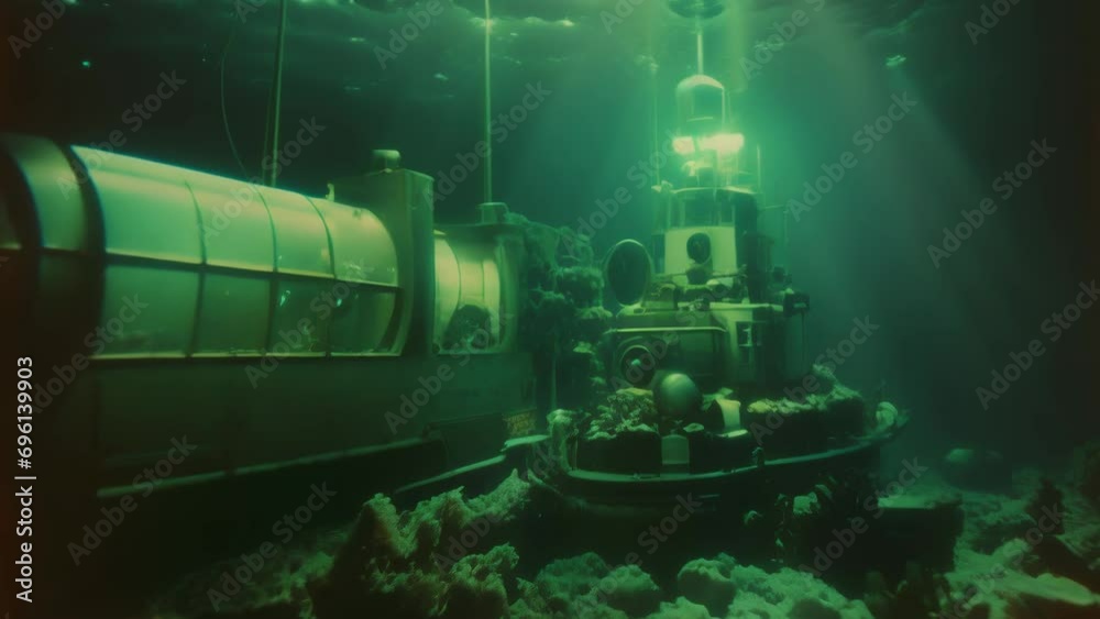 Underwater base in the sea goes dark as camera moves forward deep sea scenery concept animation