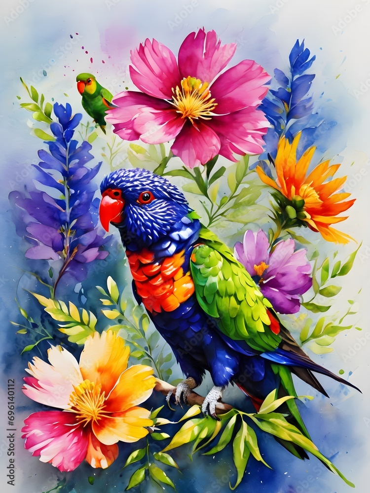 Fototapeta premium water colour painting of parrot and flowers, tropical parrot cartoon, tropical background with birds, flowers and leaves