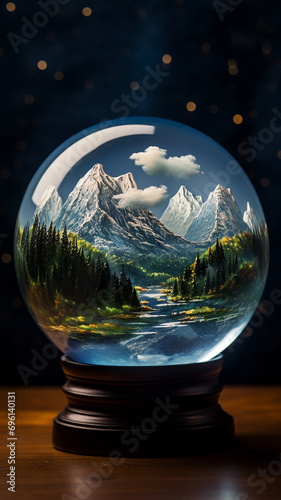 A tranquil moonlit lake surrounded by towering mountains, reflecting the silver glow of the moon and stars in the serene night sky within a glass sphere © Ammara studio