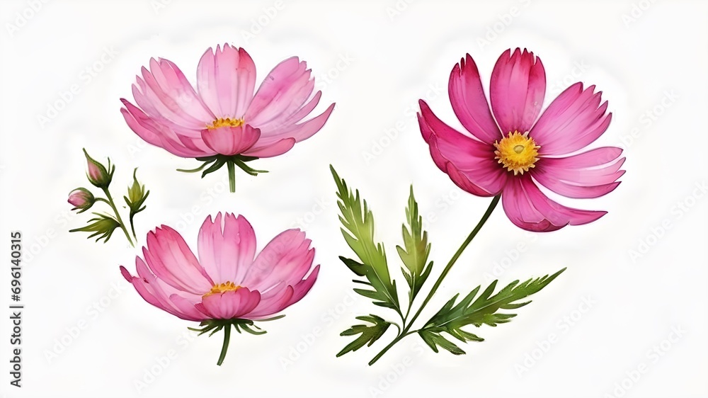 set of water colour vector pink flowers isolated and green leaves on white background ,vector, 3d 