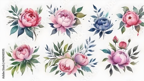 set of floral branch ,flower pink rose, purple flower, green leaves, wedding concept with flowers , invite arrangement for greeting card ,illustration of watercolour colour  photo