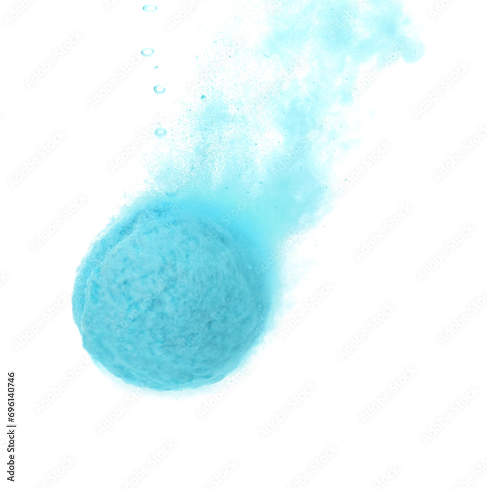 Light blue bath bomb in water on white background, closeup Light blue bath bomb in water on white background, closeup