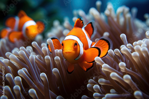 An image of a clownfish nestled among the tentacles of a sea anemone, exemplifying the symbiotic protection and shelter provided by the anemone. Generative Ai. © Sebastian