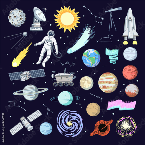 Big set of space elements, planets, rocket, satellites and telescope. Hand-drawn clip art elements. Vector graphic