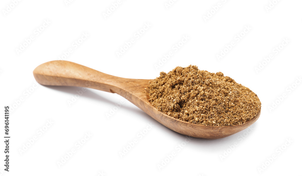 Wooden spoon of aromatic caraway (Persian cumin) powder isolated on white Wooden spoon of aromatic caraway (Persian cumin) powder isolated on white