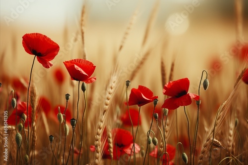 Contrasting poppy flowers on soft bokeh background with copy space for text placement