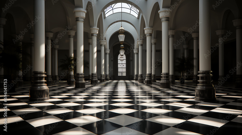 Large ornate room - checkerboard tile floor - black and white photo - carefully crafted interior columns  - obrazy, fototapety, plakaty 