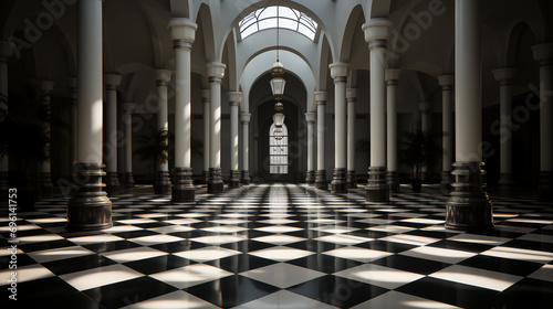 Large ornate room - checkerboard tile floor - black and white photo - carefully crafted interior columns 