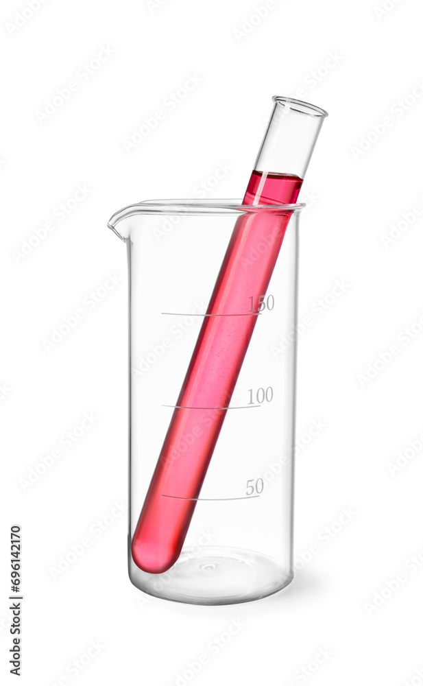 Glass beaker and test tube with red liquid isolated on white Glass beaker and test tube with red liquid isolated on white