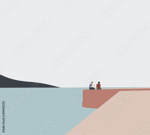 Two man Friends sitting and talking near lake on holiday vacation. Enjoying summer day. Minimal lifestyle. 