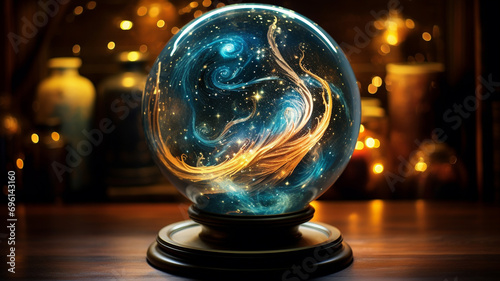 Galactic swirls of stars and nebulae in the cosmic expanse inside a glass globe.
