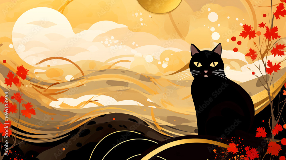 Wallpaper with a black cat in Japanese style Stock Illustration Adobe