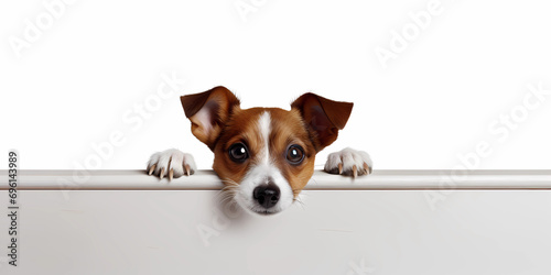 A small dog is peeking over a white table © ginstudio