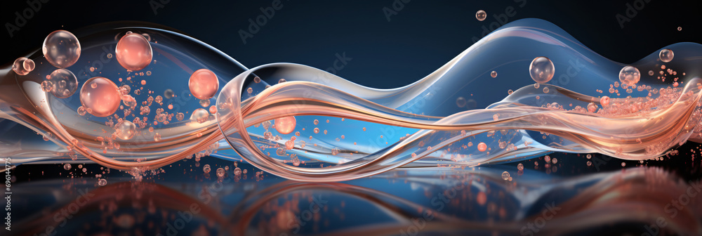 Cosmetic Essence with Liquid Bubble and Molecule in DNA Water Splash Background 3D Rendering - obrazy, fototapety, plakaty 