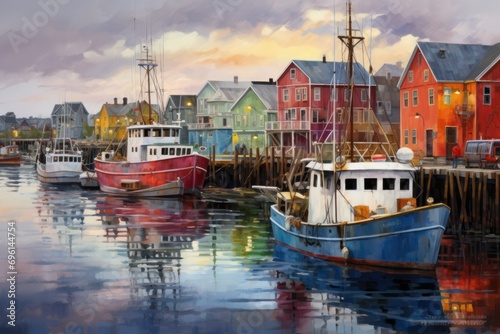 A bustling harbor with fishing boats, colorful waterfront buildings, and a lively maritime atmosphere.