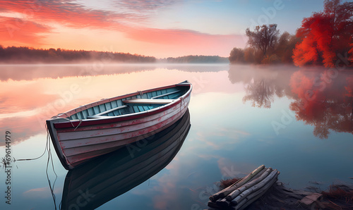 Wooden boat on the dock at lake at sunrise
