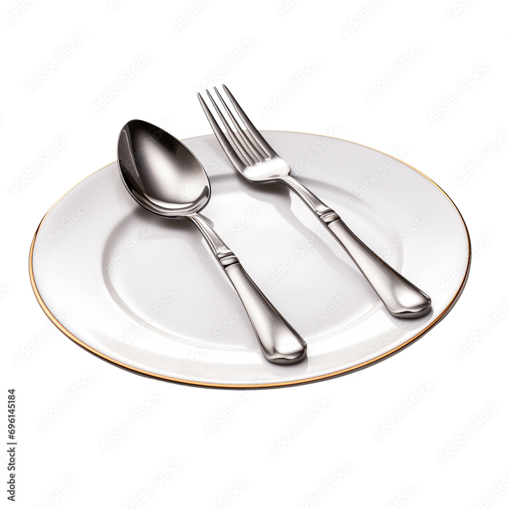 Fork and spoon placed on the plate isolated on transparent background Fork and spoon placed on the plate isolated on transparent background